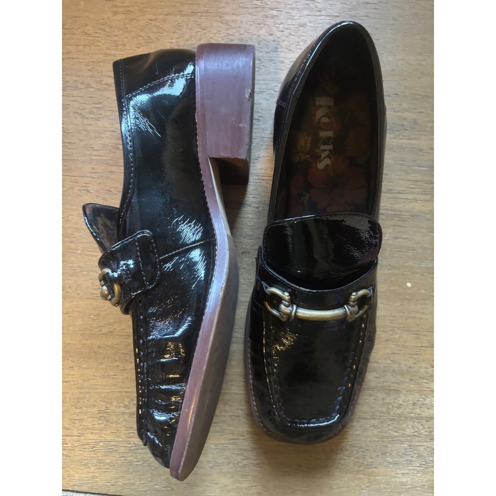 Korks Black Patent Horsebit Loafers Square Toe Block‎ Heel Shoes Womens 9.5